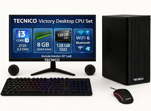TECNICO Victory Desktop CPU Set, Core I3 2120 2.2GHz, 8 GB DDR3 RAM, 128 GB SSD, RGB Keyboard Mouse Set, WiFi 6